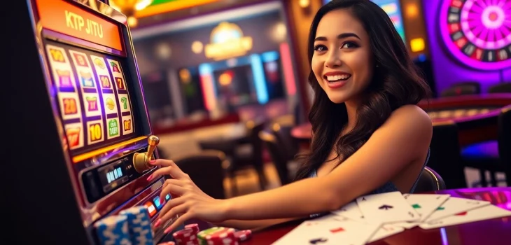 KTP JITU player celebrating a jackpot win at a luxurious slot machine in a vibrant casino.