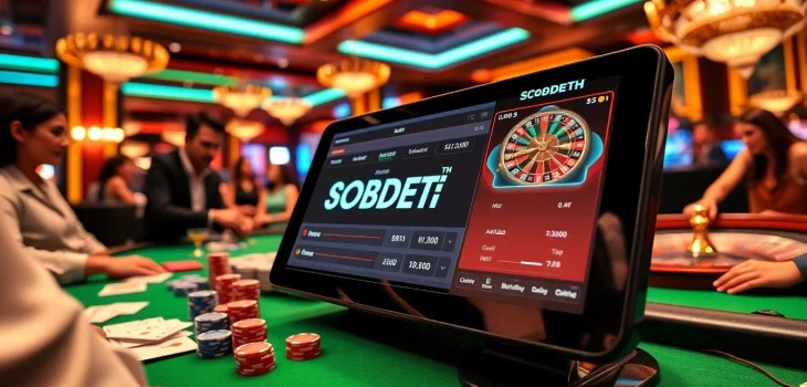 Engaging sbobet link betting scene showcasing vibrant casino elements and excited players