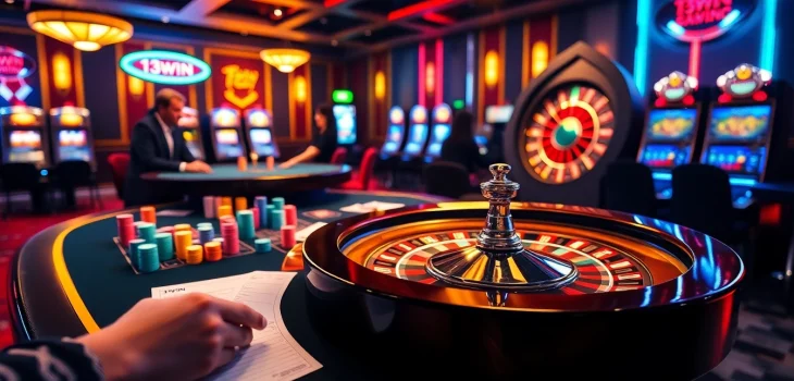 Exciting gaming action at 13win nhà cái with vibrant poker chips and a spinning roulette wheel.