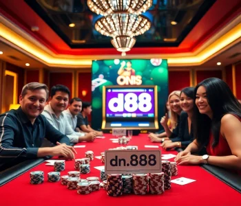 Experience a thrilling moment at dn 888 casino with excited players at a poker table.