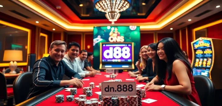 Experience a thrilling moment at dn 888 casino with excited players at a poker table.