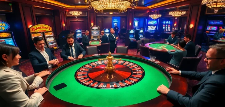 Excited players placing bets at the XX88 casino roulette table surrounded by vibrant slot machines.