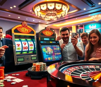 Players immersed in excitement at an idn slot machine in a lively casino environment.