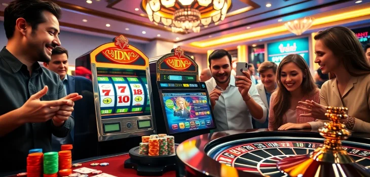 Players immersed in excitement at an idn slot machine in a lively casino environment.
