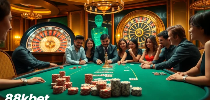 Experience thrilling gameplay at 8kbet's vibrant casino, showcasing poker chips and cards.