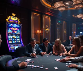 Experience the thrill of Batman138 as players engage around an exquisite slot machine in a vibrant casino.