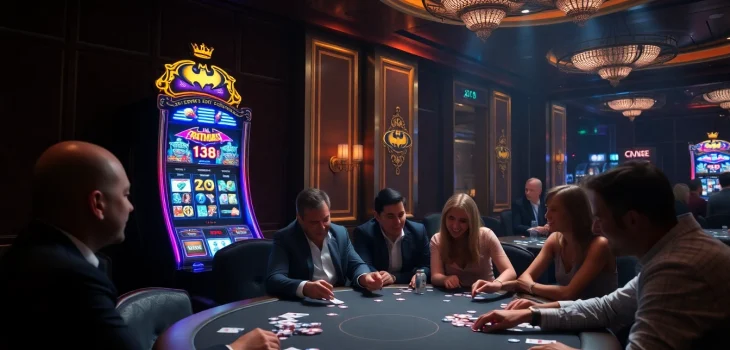 Experience the thrill of Batman138 as players engage around an exquisite slot machine in a vibrant casino.