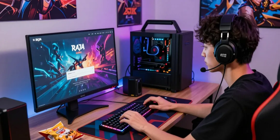 Player using Raja Game login on a vibrant gaming interface in a modern setup.