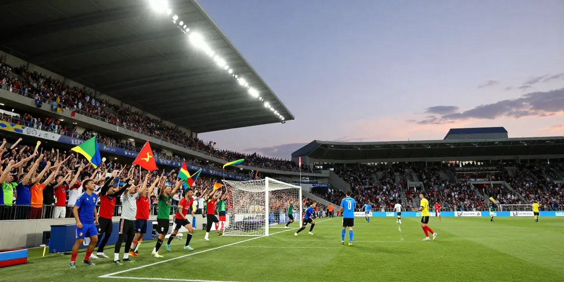 شاهدة مباريات كأس العالم بث مباشر with cheering fans at a live soccer match.